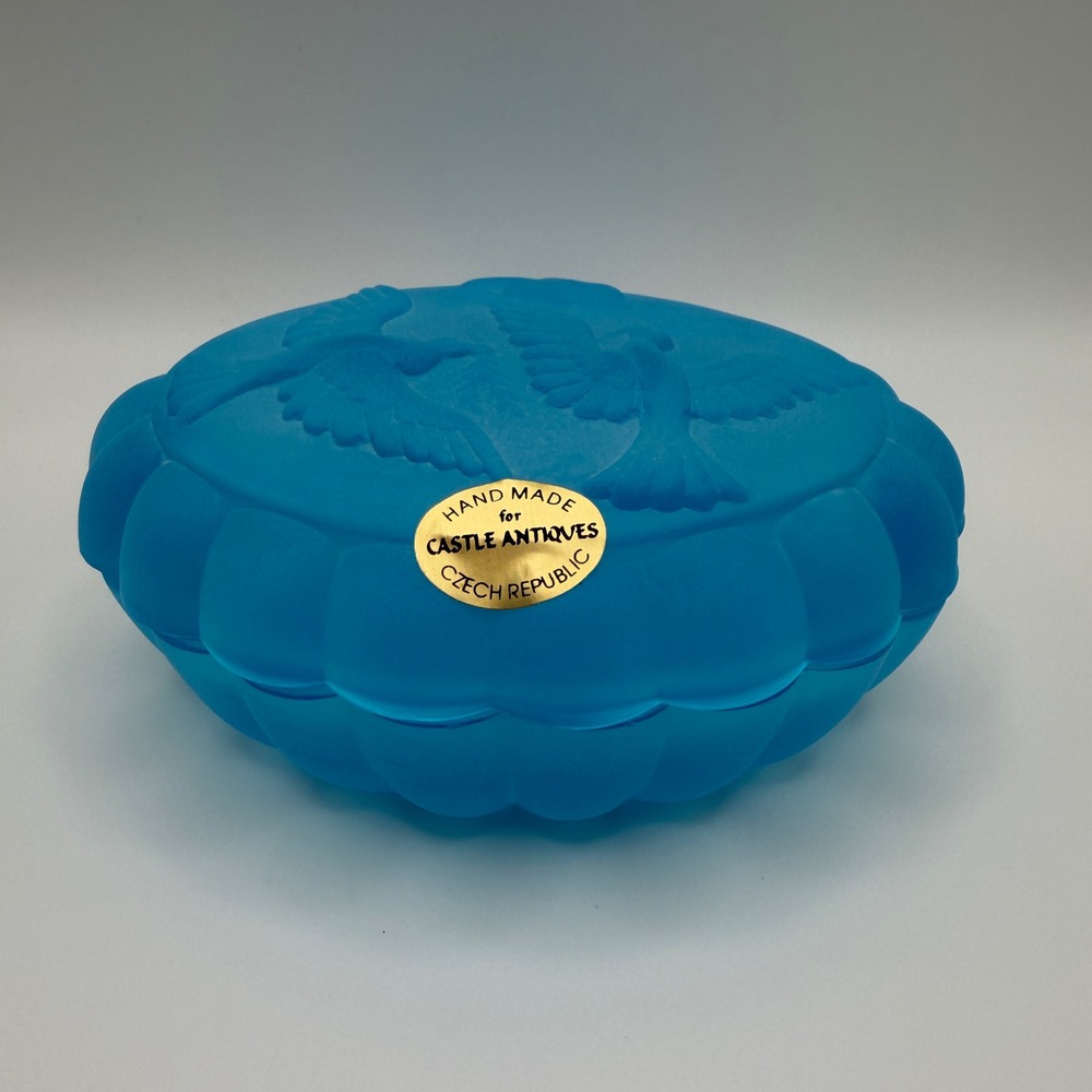 Castle Antiques Czech Republic Frosted Blue Satin Glass Dove Trinket Box Dish